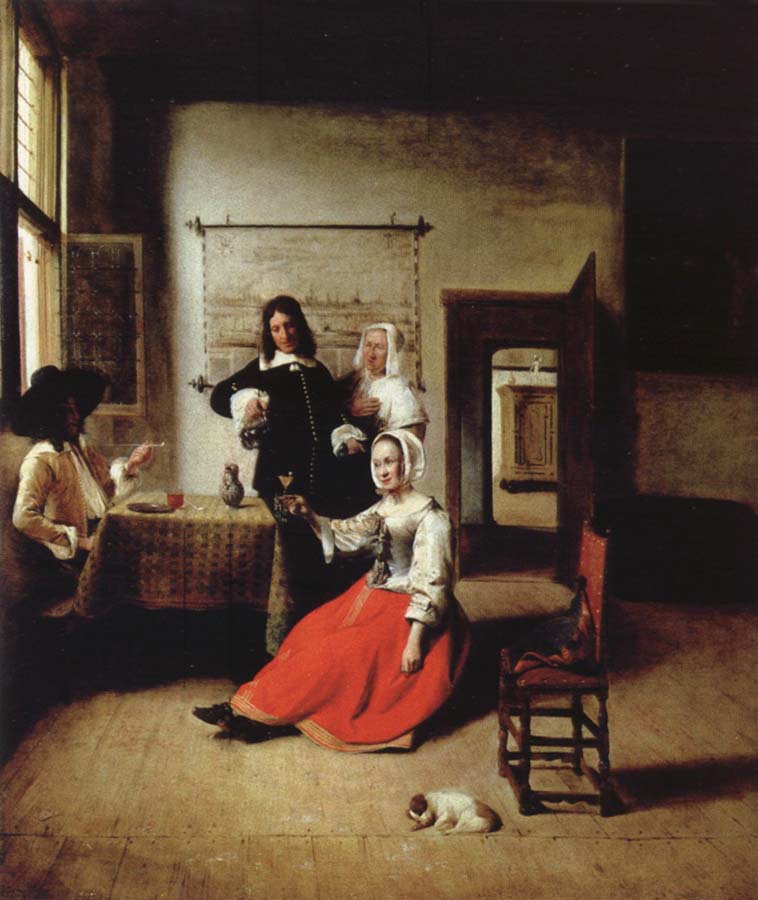 Pieter de Hooch Weintrinkende woman in the middle of these men